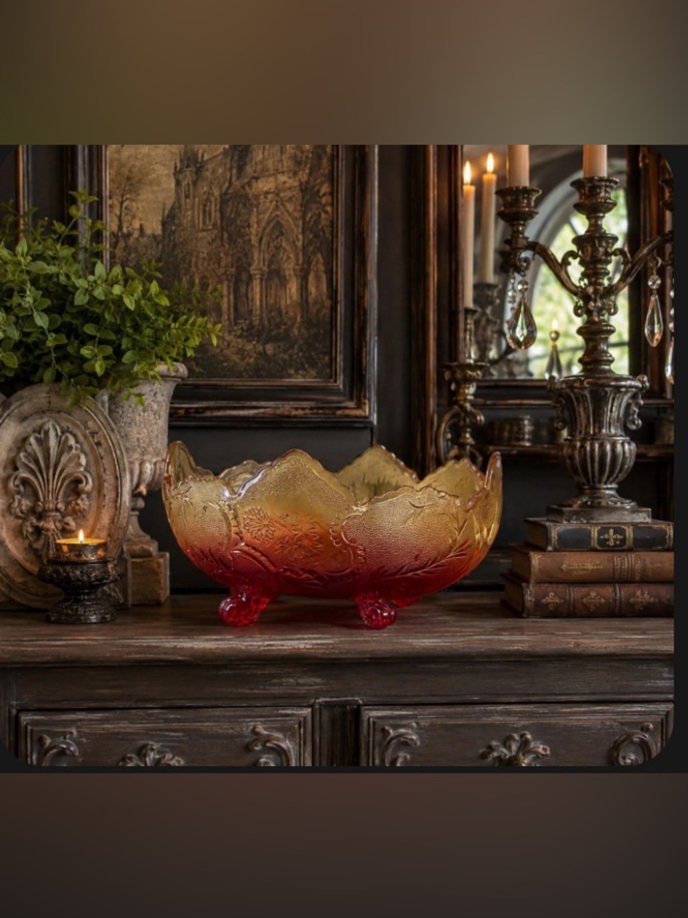 vintage Jeanette Glass red gold Amberlina ombre textured glass serving bowl